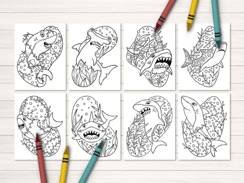 May include: Set of eight black and white coloring pages featuring different shark designs. Each shark is surrounded by seaweed and bubbles. The sharks are in various poses, including swimming, jumping, and resting.