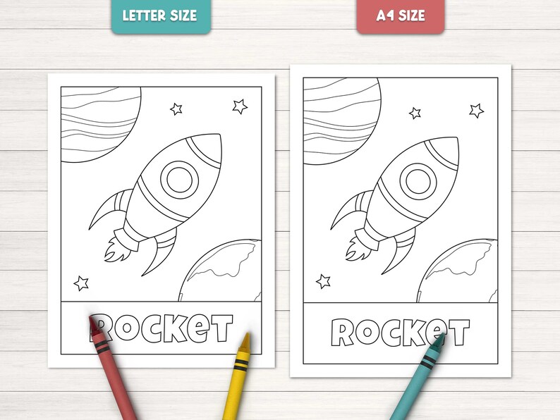 May include: Black and white coloring page featuring a rocket ship flying through space with planets and stars. The text "ROCKET" is printed below the rocket.
