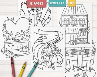 Puede incluir: Un conjunto de 12 páginas para colorear imprimibles con temas de Acción de Gracias. Las páginas incluyen una cornucopia, un pastel de calabaza, un pavo, un corazón, una tienda con el texto "Calabazas a la venta", y una cesta de manzanas. Las páginas están diseñadas para papel tamaño carta.