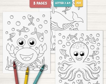 Dibujos para colorear de animales marinos para niños, libro para colorear del océano, actividades imprimibles para preescolar, recuerdos de fiesta con temática oceánica, actividades oceánicas