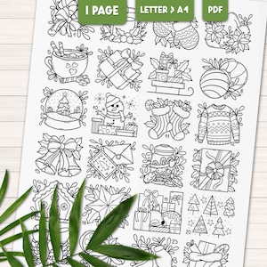 Puede incluir: Un calendario de adviento navideño imprimible en blanco y negro con 24 casillas numeradas. Cada casilla contiene una ilustración diferente con temática navideña, como un muñeco de nieve, una media, un regalo y un árbol de Navidad.