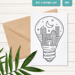 Descarga de tarjetas para colorear imprimibles, página para colorear de ciudades, tarjeta de felicitación imprimible, colorear para aliviar el estrés, tarjeta de felicitación bohemia, postal de viaje