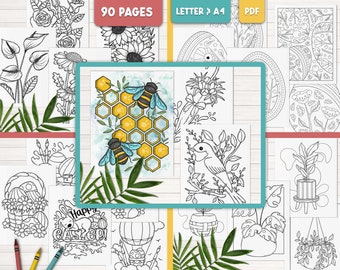 Digital nedladdning av vårmålarbilder, paket med målarbilder för vuxna, utskrivbar målarbok med blommor, påskmålarbilder