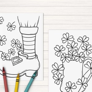 May include: Two black and white coloring pages featuring a leprechaun's shoe with shamrocks and a pot of shamrocks.