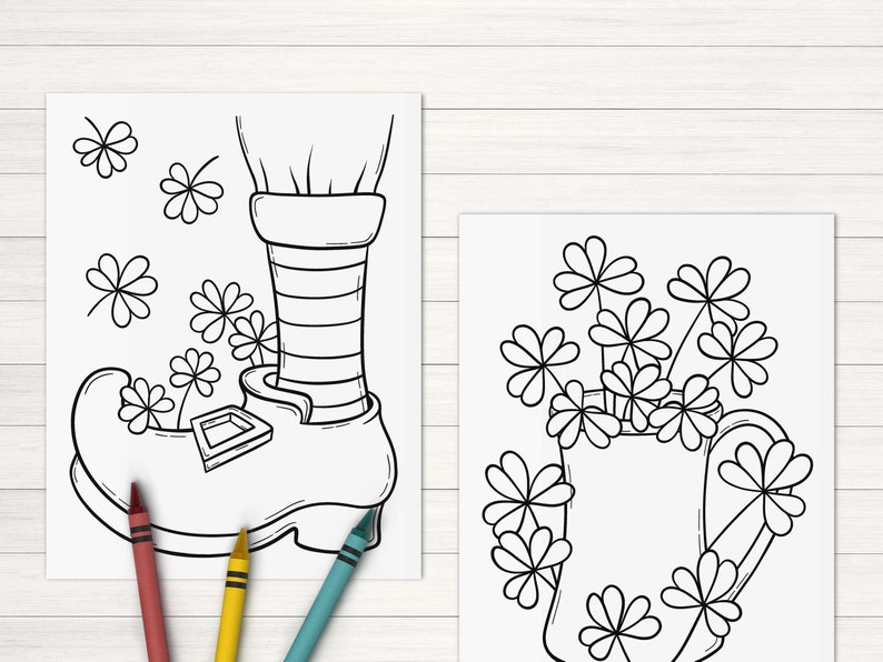 May include: Two black and white coloring pages featuring a leprechaun's shoe with shamrocks and a pot of shamrocks.