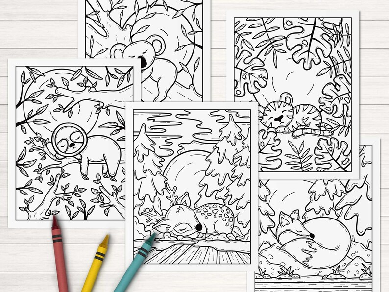May include: Five black and white coloring pages featuring different animals sleeping in nature. The animals include a sloth, a deer, a fox, a tiger, and a koala.