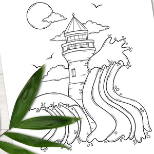 May include: A black and white line drawing of a lighthouse with waves crashing against it. The lighthouse has a tall tower with a pointed roof and a small window. The waves are large and foamy, and they are crashing against the base of the lighthouse.