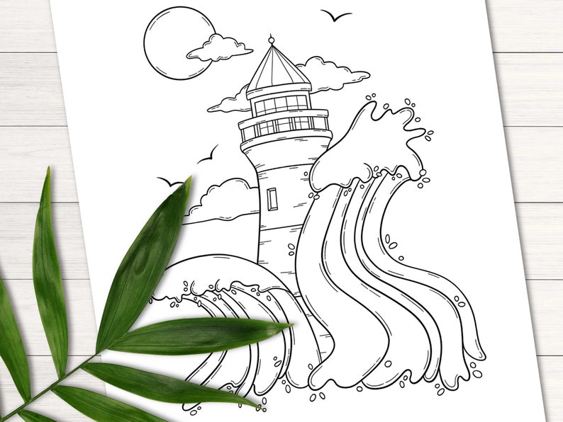 May include: A black and white line drawing of a lighthouse with waves crashing against it. The lighthouse has a tall tower with a pointed roof and a small window. The waves are large and foamy, and they are crashing against the base of the lighthouse.