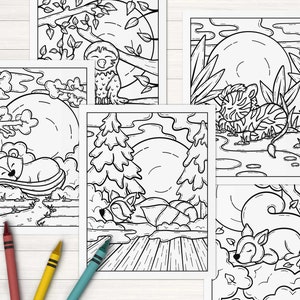 May include: Five black and white coloring pages featuring different animals sleeping in nature. The animals include a lion, a raccoon, a squirrel, a tiger, and a sloth.