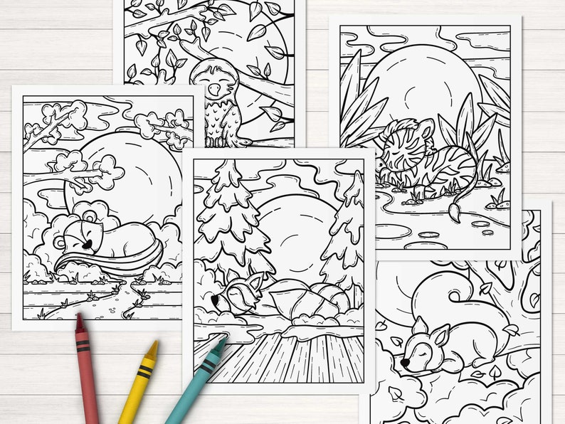 May include: Five black and white coloring pages featuring different animals sleeping in nature. The animals include a lion, a raccoon, a squirrel, a tiger, and a sloth.