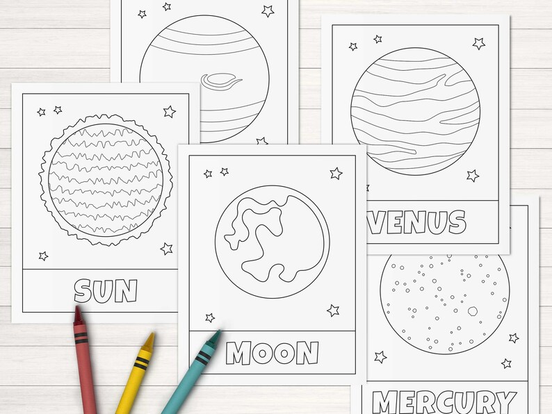 May include: Black and white coloring pages featuring illustrations of the Sun, Moon, Mercury, Venus, and Jupiter. Each page includes the name of the celestial body and stars.