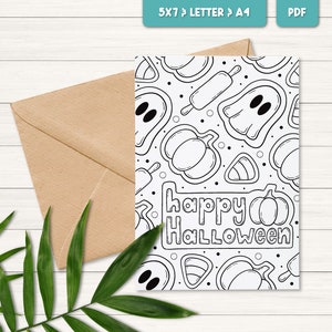 Printable Halloween coloring card, Happy Halloween card, Coloring card kids, Halloween treat ideas for kids, Halloween activity printable