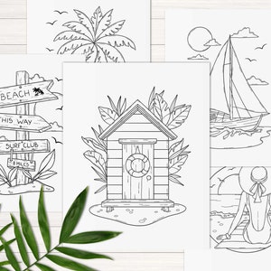 May include: A set of five black and white illustrations with a summer theme. The illustrations include a palm tree, a sailboat, a beach hut, a signpost with directions to the beach and surf club, and a woman sitting on a beach.