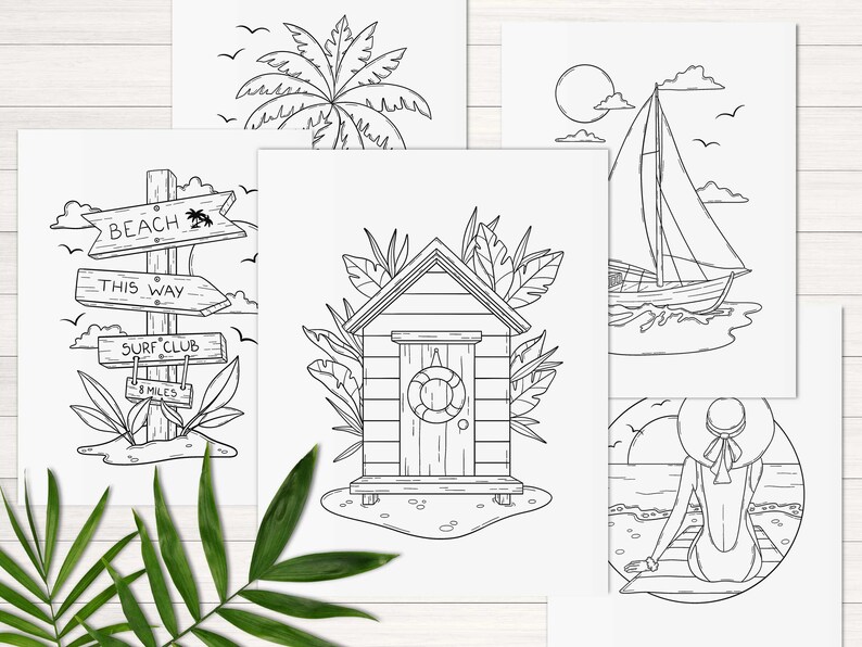 May include: A set of five black and white illustrations with a summer theme. The illustrations include a palm tree, a sailboat, a beach hut, a signpost with directions to the beach and surf club, and a woman sitting on a beach.