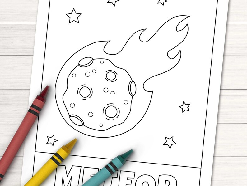 May include: A black and white coloring page of a meteor with a tail of fire. The meteor is surrounded by stars. The word "METEOR" is written at the bottom of the page.