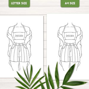 Op de afbeelding: Een zwart-witte lijntekening van een persoon die een crop top draagt met de tekst "19458" erop, een jas en een broek. De tekening is op een witte achtergrond.