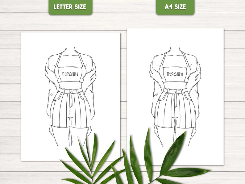 Op de afbeelding: Een zwart-witte lijntekening van een persoon die een crop top draagt met de tekst "19458" erop, een jas en een broek. De tekening is op een witte achtergrond.