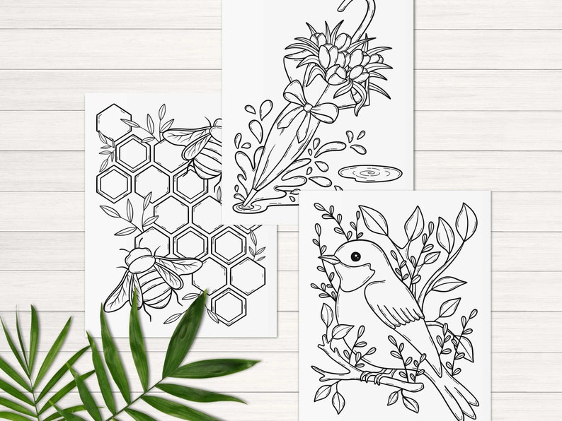 Peut inclure: Trois pages &agrave; colorier en noir et blanc repr&eacute;sentant une ruche avec des abeilles, un bouquet de fleurs avec un parapluie et un oiseau perch&eacute; sur une branche.