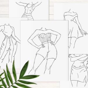 Op de afbeelding: Vijf lijntekeningen van vrouwen in verschillende outfits. De tekeningen zijn in zwart-wit en op een witte achtergrond.