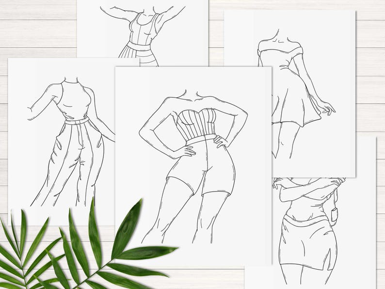 Op de afbeelding: Vijf lijntekeningen van vrouwen in verschillende outfits. De tekeningen zijn in zwart-wit en op een witte achtergrond.