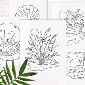 May include: A set of five black and white coloring pages featuring summer beach themes. The pages include a seashell, a palm tree with a boat, a beach towel and sunglasses, a tropical plant, and a person standing in the ocean.
