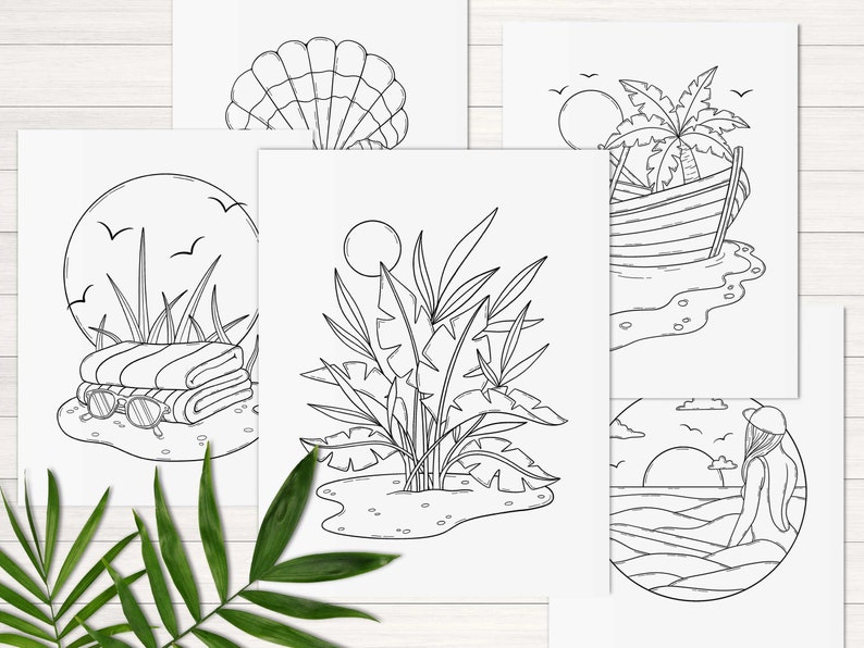 May include: A set of five black and white coloring pages featuring summer beach themes. The pages include a seashell, a palm tree with a boat, a beach towel and sunglasses, a tropical plant, and a person standing in the ocean.