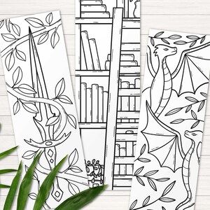 Coloring bookmarks for adults, Fantasy bookmark printable, Dragon bookmark, Digital bookmarks, Fantasy gift for book lovers, Bookmark craft image 2