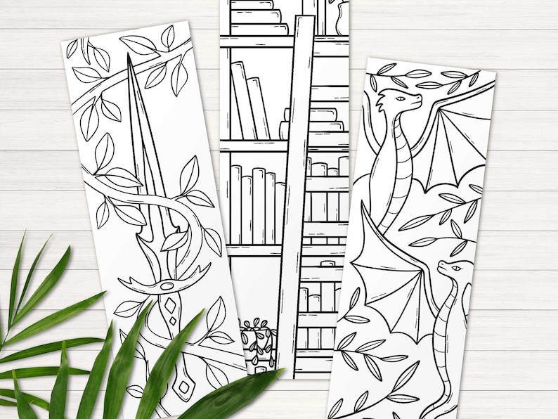 Coloring bookmarks for adults, Fantasy bookmark printable, Dragon bookmark, Digital bookmarks, Fantasy gift for book lovers, Bookmark craft image 2