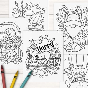 Puede incluir: Cinco p&aacute;ginas para colorear en blanco y negro con temas de Pascua. Las p&aacute;ginas incluyen un conejito durmiendo sobre la palabra "Pascua", una cesta de huevos con flores, un gnomo con huevos y flores, un globo aerost&aacute;tico con huevos y pinceles, y un pincel con huevos y salpicaduras de pintura.
