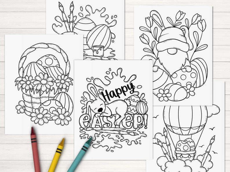 Puede incluir: Cinco p&aacute;ginas para colorear en blanco y negro con temas de Pascua. Las p&aacute;ginas incluyen un conejito durmiendo sobre la palabra "Pascua", una cesta de huevos con flores, un gnomo con huevos y flores, un globo aerost&aacute;tico con huevos y pinceles, y un pincel con huevos y salpicaduras de pintura.