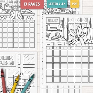 May include: Black and white printable colouring calendar featuring a cosy living room scene with a window, armchair, and books. The calendar includes the months of January and February with space to colour in each day.