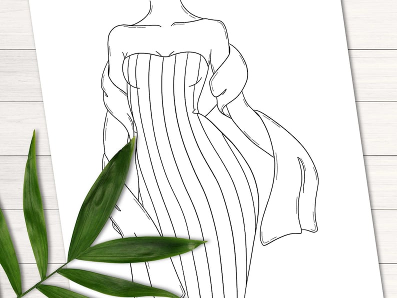 Op de afbeelding: Lijntekening van een persoon die een strapless jurk draagt met verticale strepen en een lange, vloeiende sjaal. De tekening is in zwart-wit.