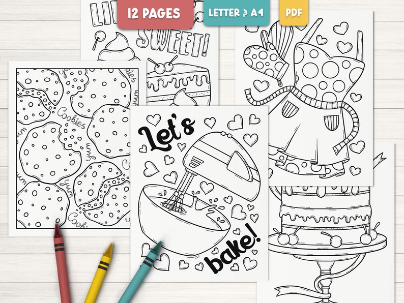 May include: A set of 12 printable coloring pages featuring baking themed illustrations. The pages include images of cookies, a cake, a mixer, and an apron. The text "Let's bake!" is featured on one of the pages.