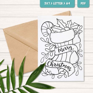 Tarjeta navideña para colorear para niños, Tarjeta navideña para colorear imprimible, Tarjeta navideña para colorear, Actividad navideña para niños