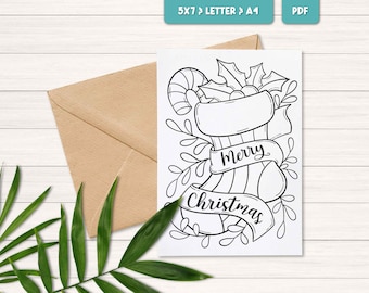 Christmas coloring card for kids, Printable coloring Christmas card, Christmas stocking card to color, Christmas activity for kids