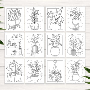Puede incluir: Un conjunto de 12 dibujos en blanco y negro de plantas en maceta. Cada dibujo presenta un tipo diferente de planta en una maceta, con algunas plantas en soportes o estantes. Los dibujos son perfectos para colorear o usar como inspiraci&oacute;n para tus propias ilustraciones de plantas.