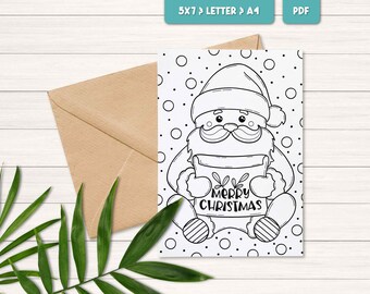 Merry Christmas coloring card, Santa card for kids, Printable coloring holiday card, Printable Christmas activity for kids, Digital download