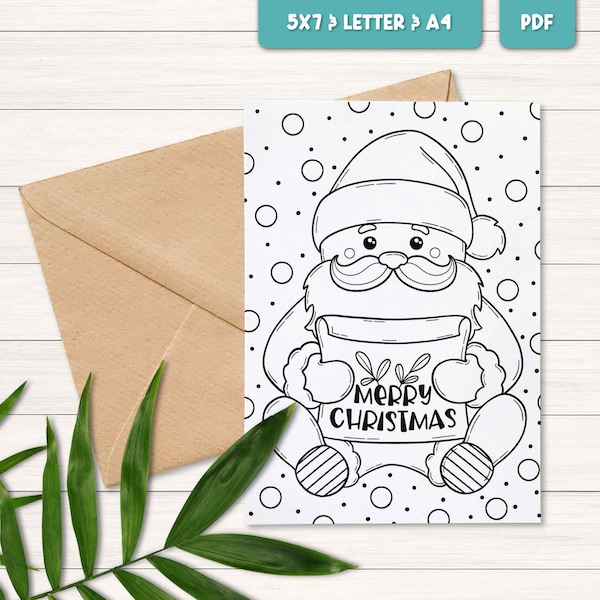 Merry Christmas coloring card, Santa card for kids, Printable coloring holiday card, Printable Christmas activity for kids, Digital download