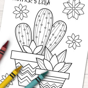 May include: A black and white coloring page featuring a potted cactus with a flower on top. The cactus is in a pot with a chevron pattern. The text "Mother's Day!" is at the top of the page.