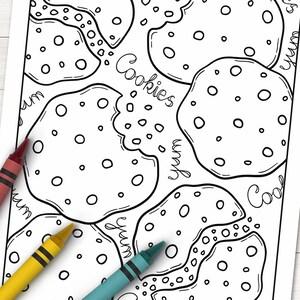 May include: Black and white coloring page featuring a pattern of cookies with the words "Cookies", "Yum", "Cool", and "Yum" written around them.