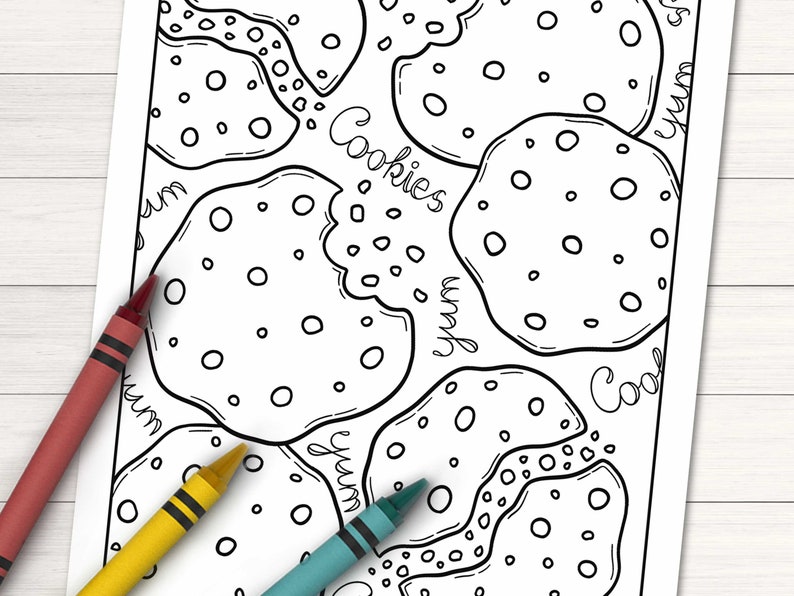 May include: Black and white coloring page featuring a pattern of cookies with the words "Cookies", "Yum", "Cool", and "Yum" written around them.