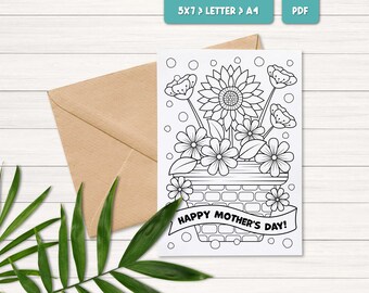 Printable mother's day card, Coloring card for kids, Flower card printable, Mothers day activity for kids, Mothers day gift from kids