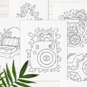 May include: A set of five black and white coloring pages featuring a suitcase, a camera, a pitcher of lemonade, a watermelon, and a mandala design.