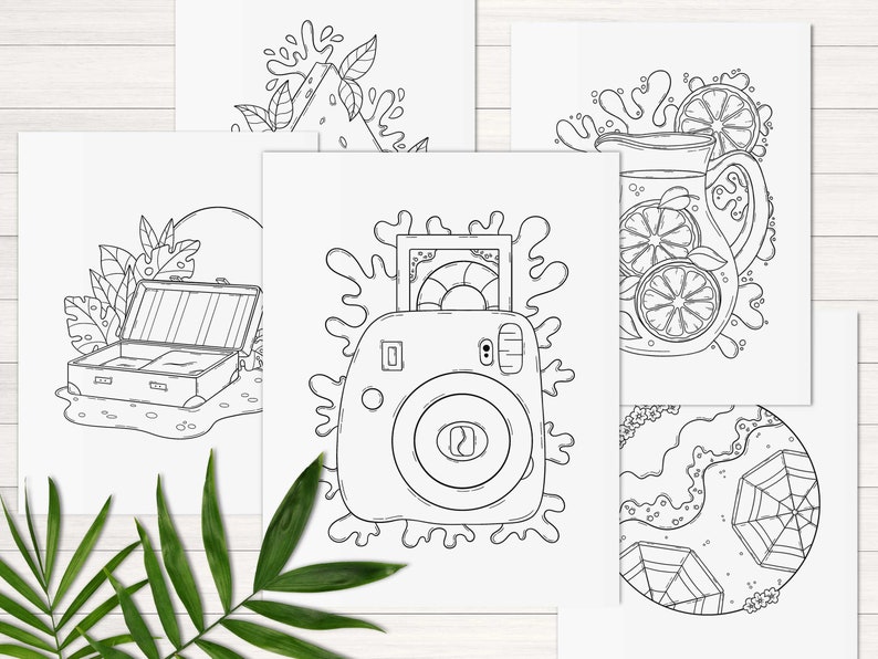 May include: A set of five black and white coloring pages featuring a suitcase, a camera, a pitcher of lemonade, a watermelon, and a mandala design.