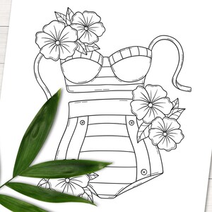 May include: A black and white line drawing of a swimsuit with floral details. The swimsuit has a halter top and a high-waisted bottom. The flowers are stylized and have a simple design.