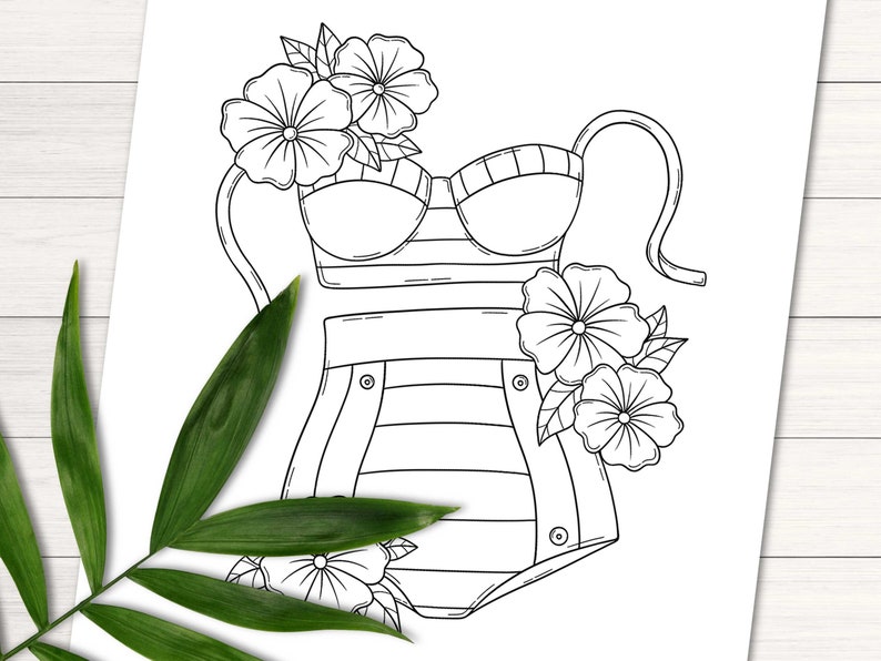 May include: A black and white line drawing of a swimsuit with floral details. The swimsuit has a halter top and a high-waisted bottom. The flowers are stylized and have a simple design.