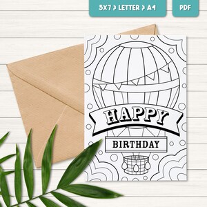 Cartão de aniversário para colorir para imprimir para crianças, Cartão de balão, Cartão de feliz aniversário para imprimir, Presente de aniversário faça você mesmo para crianças