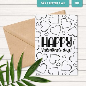 Tarjeta imprimible de Feliz Día de San Valentín, Página para colorear de corazones, Tarjeta para colorear de San Valentín para niños, Recuerdo de fiesta imprimible de San Valentín