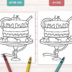 May include: A black and white line drawing of a layered cake with cherries on top and a ribbon around the base. The cake is on a pedestal and is ready to be colored in.