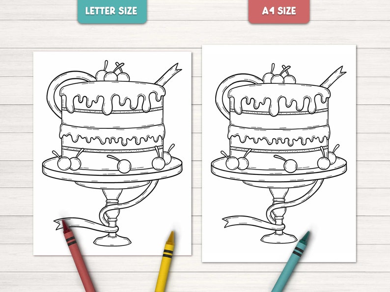 May include: A black and white line drawing of a layered cake with cherries on top and a ribbon around the base. The cake is on a pedestal and is ready to be colored in.